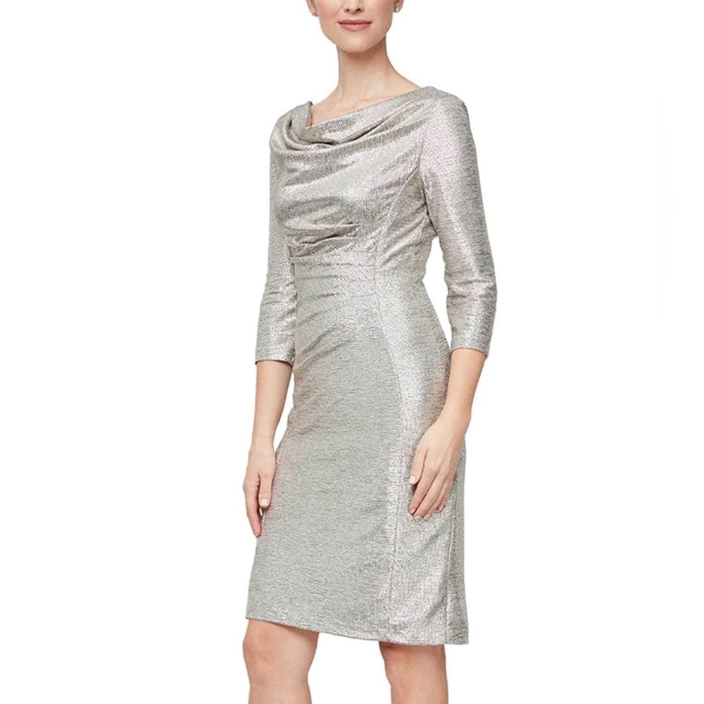 Alex Evenings Gold Ruched Shimmering Quarter Sleeve Cocktail Sheath Dress Sz 10